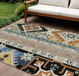 8' X 10' Black Ivory And Copper Aztec Washable Indoor Outdoor Area Rug