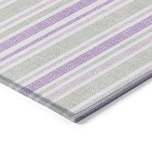 10' X 14' Purple Gray and White Striped Washable Non Skid Indoor Outdoor Area Rug