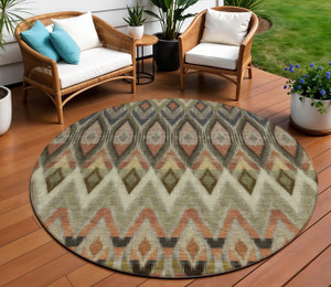 8' Taupe Olive Green And Beige Round Southwestern Washable Indoor Outdoor Area Rug