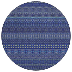 8' Round Navy Blue Round Striped Washable Non Skid Indoor Outdoor Area Rug