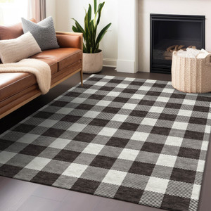 9' X 12' Black And Gray Plaid Washable Indoor Outdoor Area Rug
