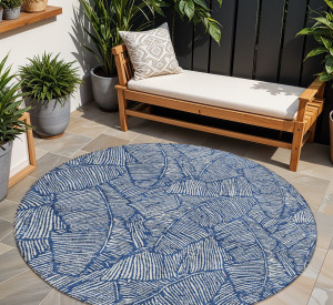 8' Navy Blue And Ivory Round Floral Washable Indoor Outdoor Area Rug - 608219271848