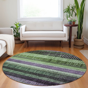 8' Purple And Green Round Striped Washable Indoor Outdoor Area Rug