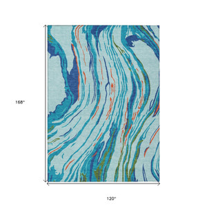 10' X 14' Blue Pink And Green Abstract Washable Indoor Outdoor Area Rug - Blue, Pink, Green