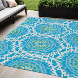 9' X 12' Ivory And Sky Blue Floral Medallion Washable Indoor Outdoor Area Rug