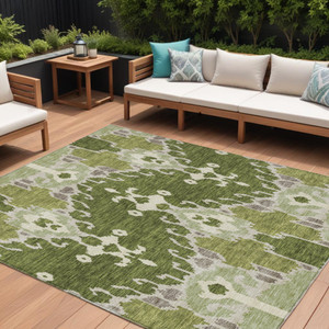 9' X 12' Olive Green And Artichoke Green Ikat Washable Indoor Outdoor Area Rug