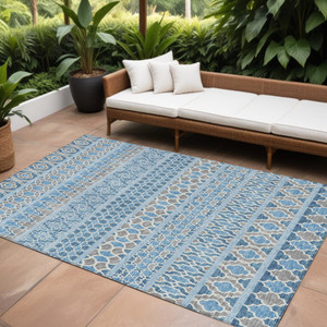 10' X 14' Sky Blue And Denim Blue Quatrefoil Washable Indoor Outdoor Area Rug