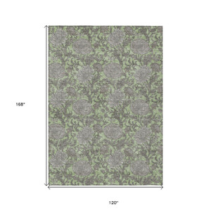 10' X 14' Artichoke Green Gray And Taupe Floral Washable Indoor Outdoor Area Rug