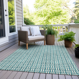 8' X 10' Teal Blue And Gray Geometric Washable Indoor Outdoor Area Rug - Teal Blue, Gray