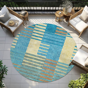 8' Teal Blue Orange And Sky Blue Round Striped Washable Indoor Outdoor Area Rug