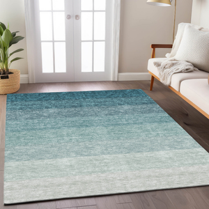 9' X 12' Teal Blue And Ivory Ombre Washable Indoor Outdoor Area Rug