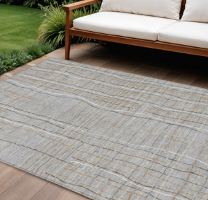 10' X 14' Gray Brown And Ivory Striped Washable Indoor Outdoor Area Rug