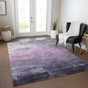 8' X 10' Lavender And Lilac Striped Washable Indoor Outdoor Area Rug