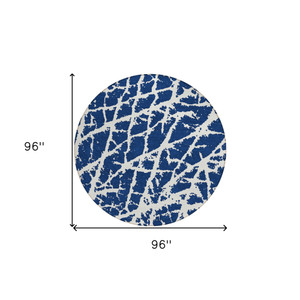 8' Blue And White Round Abstract Washable Indoor Outdoor Area Rug