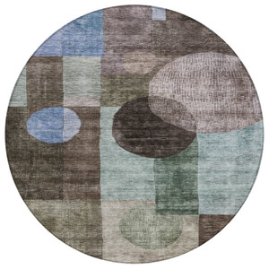 8' Brown Blue And Green Round Geometric Washable Indoor Outdoor Area Rug