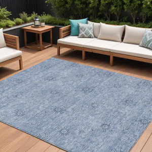9' X 12' Sky Blue And Blue Floral Washable Indoor Outdoor Area Rug