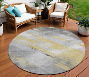8' Gold And Gray Round Striped Washable Indoor Outdoor Area Rug