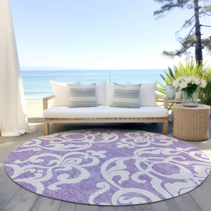 8' Purple And Ivory Round Damask Washable Indoor Outdoor Area Rug