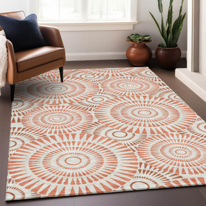 9' X 12' Coral And Ivory Geometric Washable Indoor Outdoor Area Rug