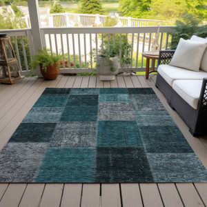 9' X 12' Teal Blue Aqua And Charcoal Patchwork Washable Indoor Outdoor Area Rug