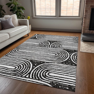 10' X 14' Black And White Abstract Washable Indoor Outdoor Area Rug
