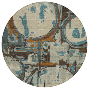 8' Beige Brown And Copper Round Geometric Washable Indoor Outdoor Area Rug