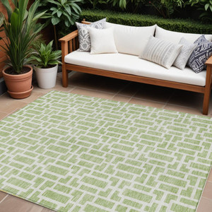 9' X 12' Artichoke Green And Ivory Geometric Washable Indoor Outdoor Area Rug - 608219116019