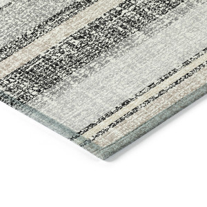 8' Black And Silver Round Striped Washable Indoor Outdoor Area Rug