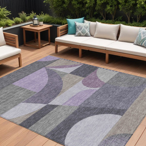 8' X 10' Purple Gray And Beige Geometric Washable Indoor Outdoor Area Rug