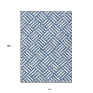 9' X 12' Blue And Ivory Geometric Washable Indoor Outdoor Area Rug