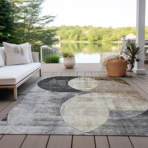 8' X 10' Pewter Brown And Charcoal Geometric Washable Indoor Outdoor Area Rug