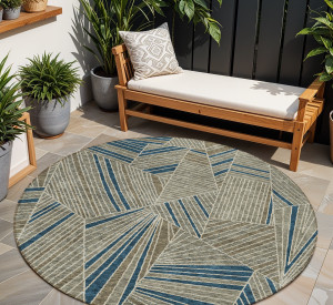 8' Taupe Blue And Beige Round Geometric Washable Indoor Outdoor Area Rug