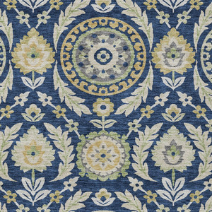 8' X 10' Navy Blue Gold And Beige Floral Washable Indoor Outdoor Area Rug