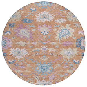 8' Orange Pink And Denim Blue Round Floral Washable Indoor Outdoor Area Rug