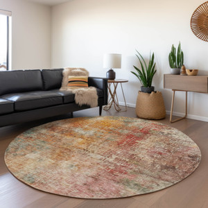8' Tan Copper And Terra Cotta Round Abstract Washable Indoor Outdoor Area Rug