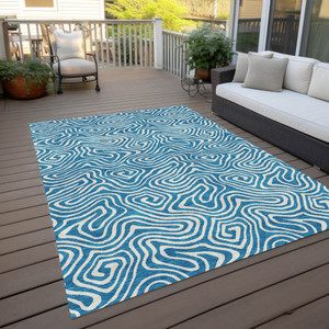 9' X 12' Teal Blue And Ivory Abstract Washable Indoor Outdoor Area Rug - 880016815436