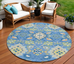 8' Blue Green And Orange Round Oriental Washable Indoor Outdoor Area Rug