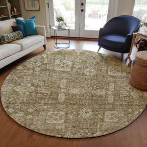 8' Brown Beige And Ivory Round Oriental Washable Indoor Outdoor Area Rug