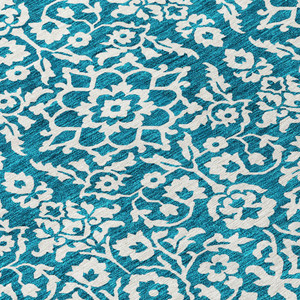8' Teal Blue And Ivory Round Damask Washable Indoor Outdoor Area Rug