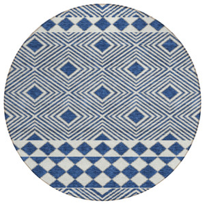 8' Navy Blue And Ivory Round Geometric Washable Indoor Outdoor Area Rug Transitional Style - Navy Blue, Ivory Color