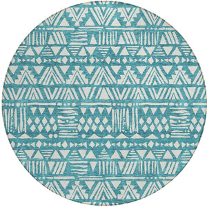 8' Teal Blue And Ivory Round Southwestern Washable Indoor Outdoor Area Rug