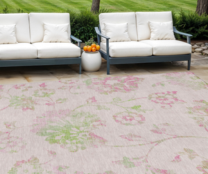 8' X 10' Pink Blush And Artichoke Green Floral Washable Indoor Outdoor Area Rug