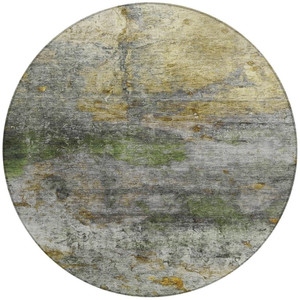 8' Olive Green Gold And Gray Round Abstract Washable Indoor Outdoor Area Rug