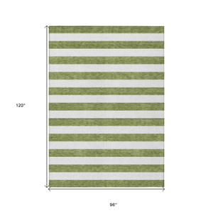 8' X 10' Olive Green Striped Washable Non Skid Indoor Outdoor Area Rug