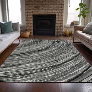 8' X 10' Taupe Charcoal And Ivory Abstract Washable Indoor Outdoor Area Rug