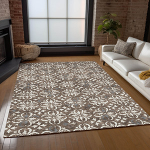8' X 10' Brown Gray And Beige Floral Washable Indoor Outdoor Area Rug