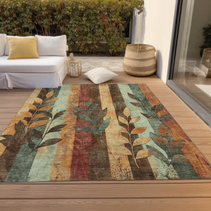 9' X 12' Wheat And Gold Floral Washable Indoor Outdoor Area Rug