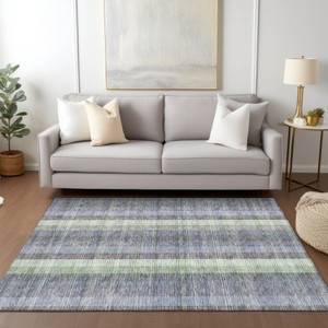8' X 10' Pewter Gray And Mint Green Plaid Washable Indoor Outdoor Area Rug