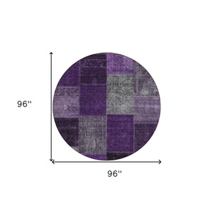 8' Eggplant Purple And Lilac Round Patchwork Washable Indoor Outdoor Area Rug