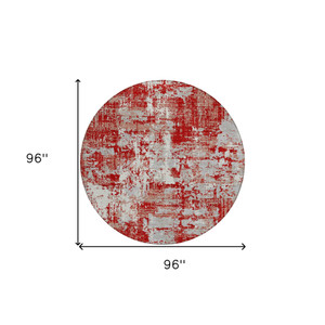 8' Red Gray And Ivory Round Abstract Washable Indoor Outdoor Area Rug